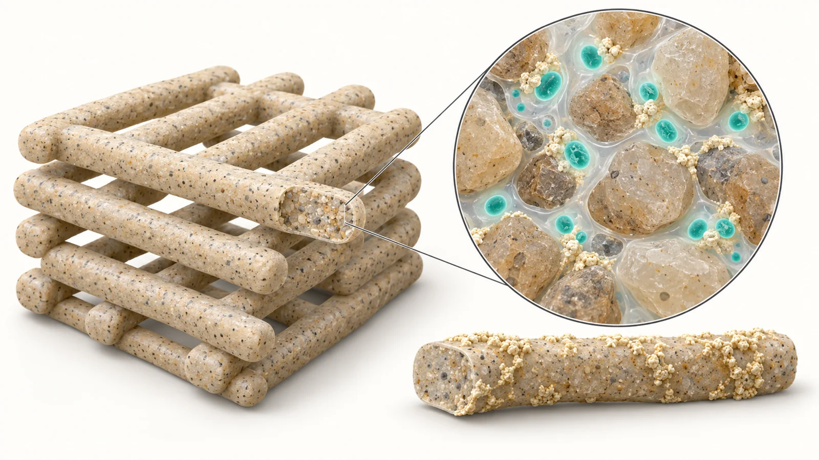 A printed gel-and-sand lattice gives living bacteria a role in forming minerals