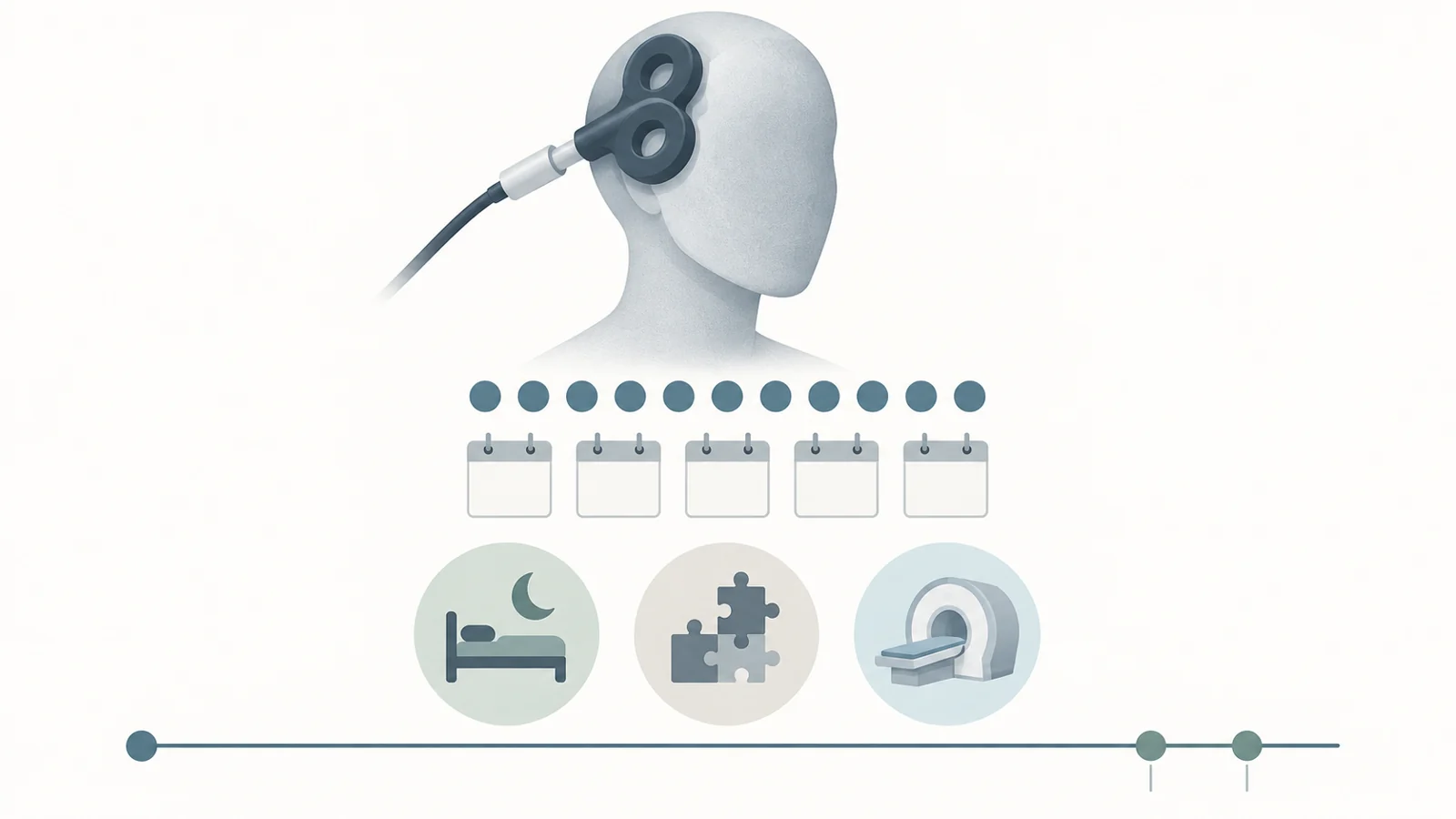 Conceptual study plan with magnetic brain stimulation, ten sessions across five days, separate sleep and thinking assessments, imaging and later follow-up.