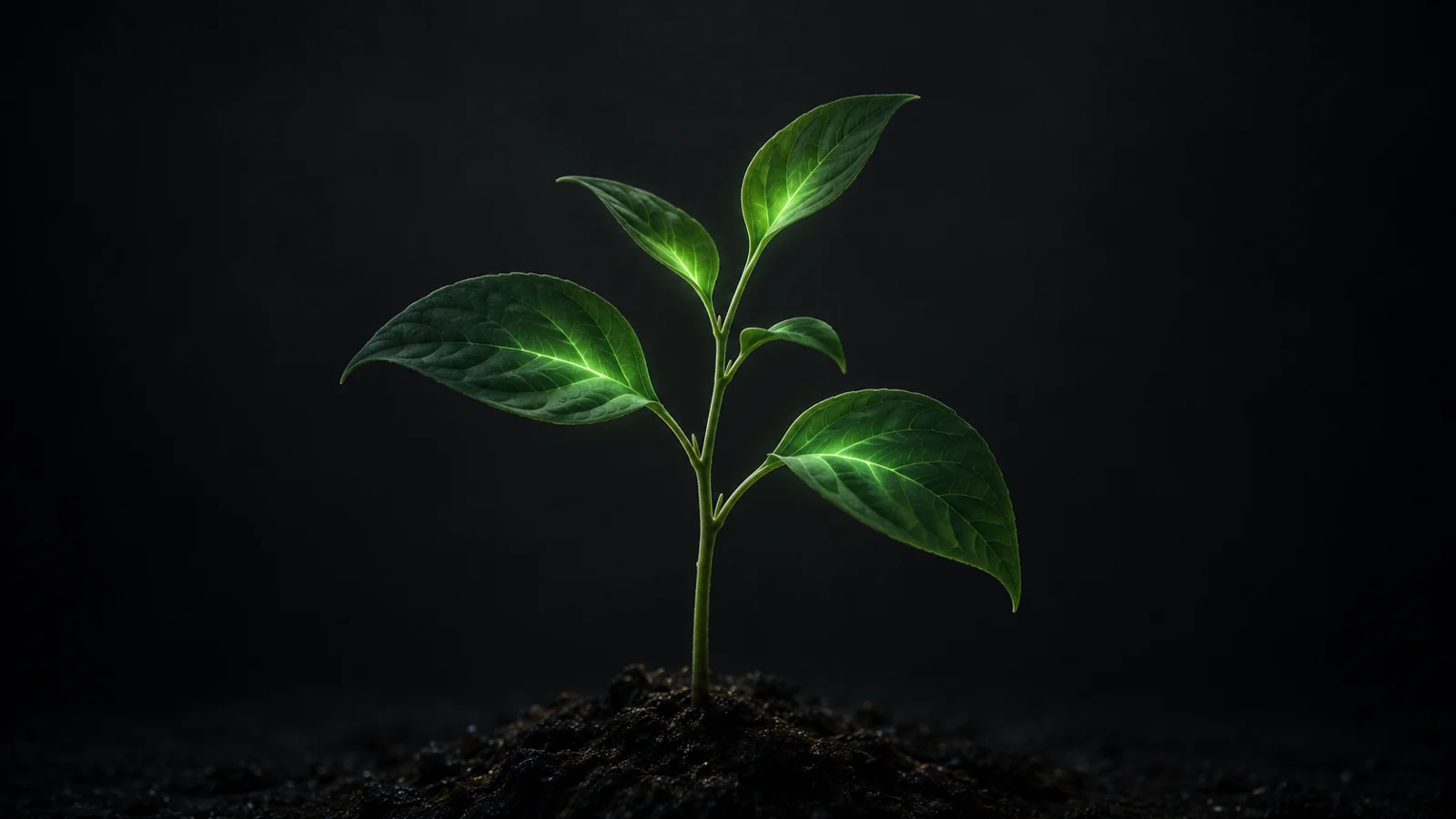Small leafy plant with a faint green glow from its leaves against a dark neutral background.