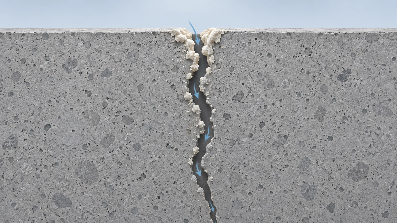 Conceptual cross-section with mineral deposits clustered near a crack opening and becoming sparser deeper inside, alongside schematic water-path arrows.