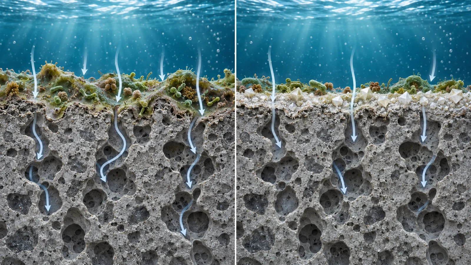 How a mineral film grown by bacteria could shield marine concrete