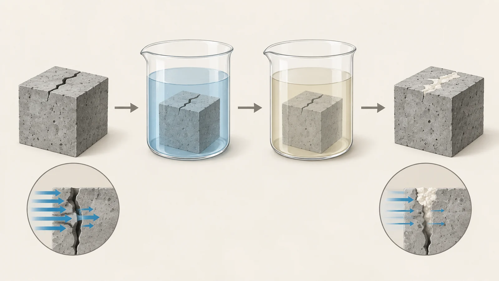 Illustrated sequence of a cracked mortar cube, two immersion baths, and mineral deposits across the surface opening, with reduced water flow indicated.