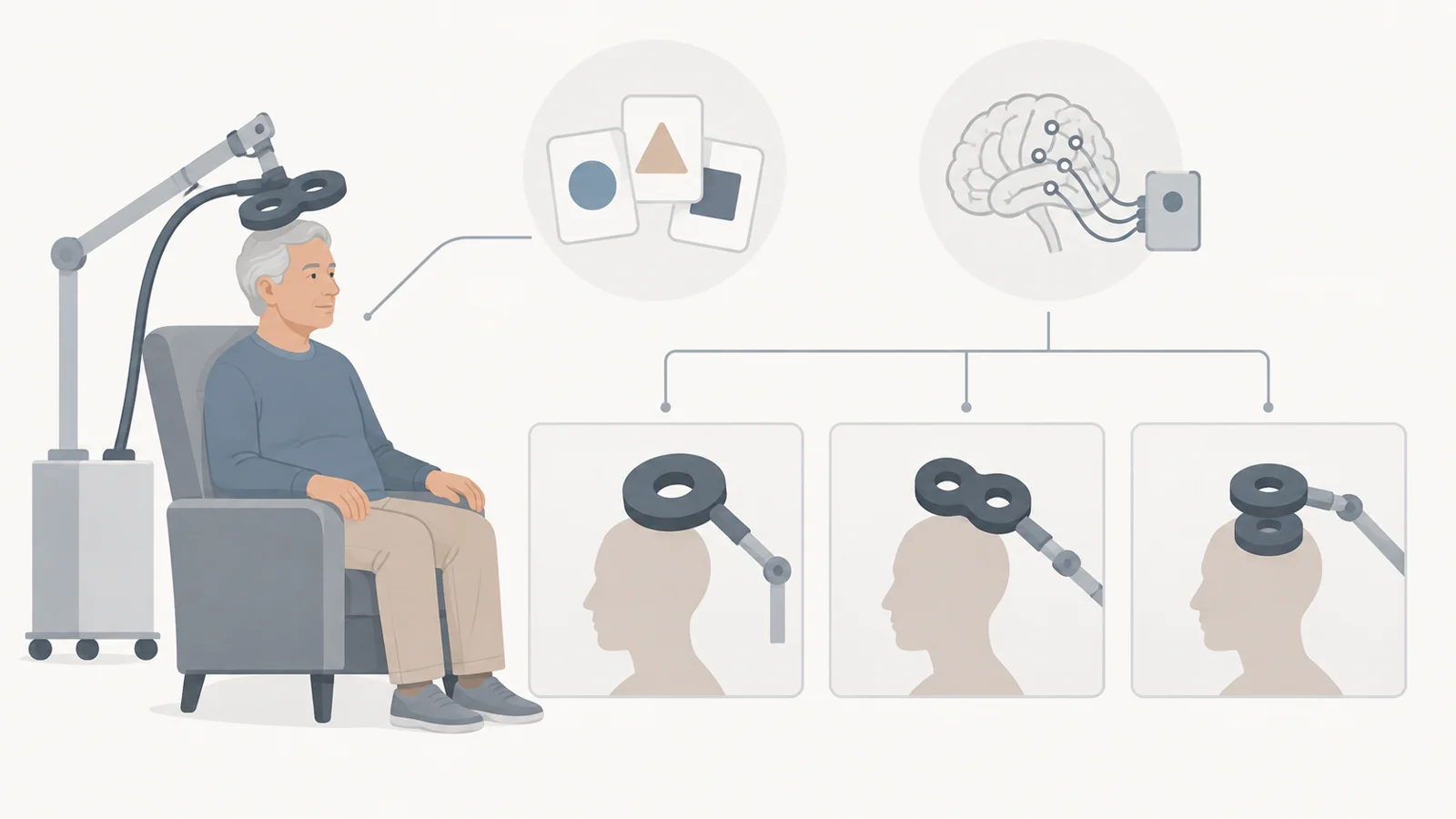Diagram linking an older adult receiving magnetic brain stimulation to three alternative coil arms, with thinking test and brain recording symbols.