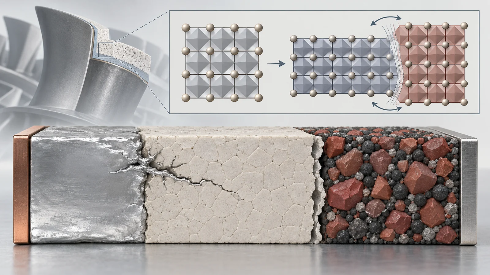 Conceptual solid battery cross-section beside square and rectangular crystal variants joined by a mobile twin boundary