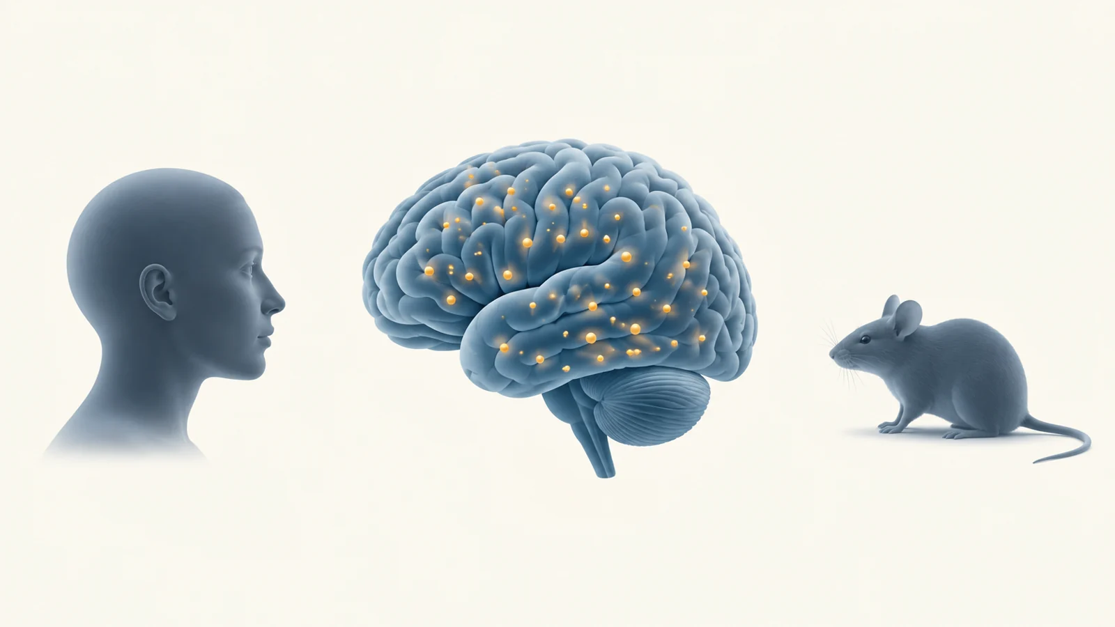 A human profile and a mouse silhouette flank a stylized blue brain containing amber dots symbolizing creatine.