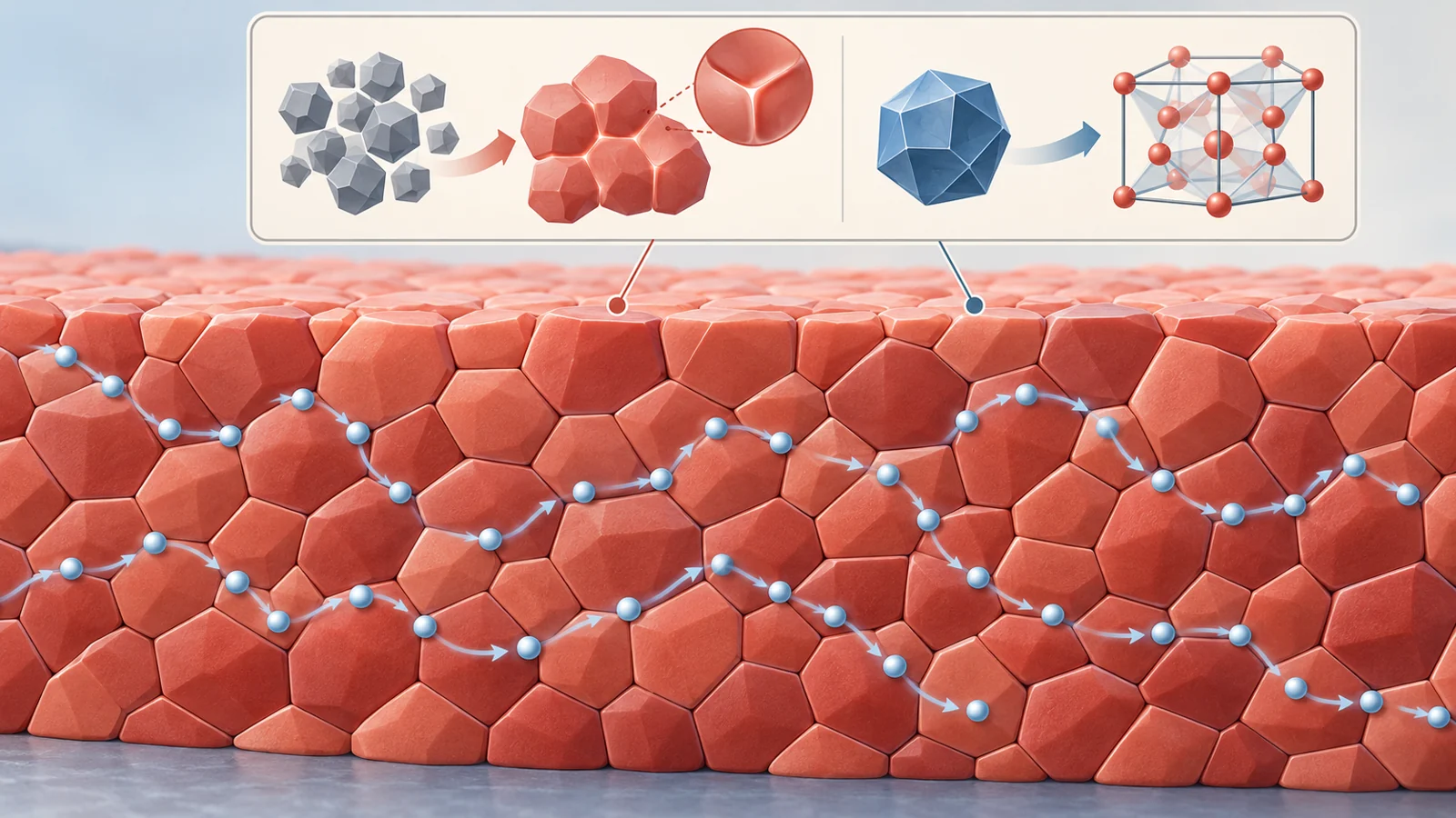 Schematic ceramic electrolyte cross-section showing connected grains and lithium-ion movement through the solid