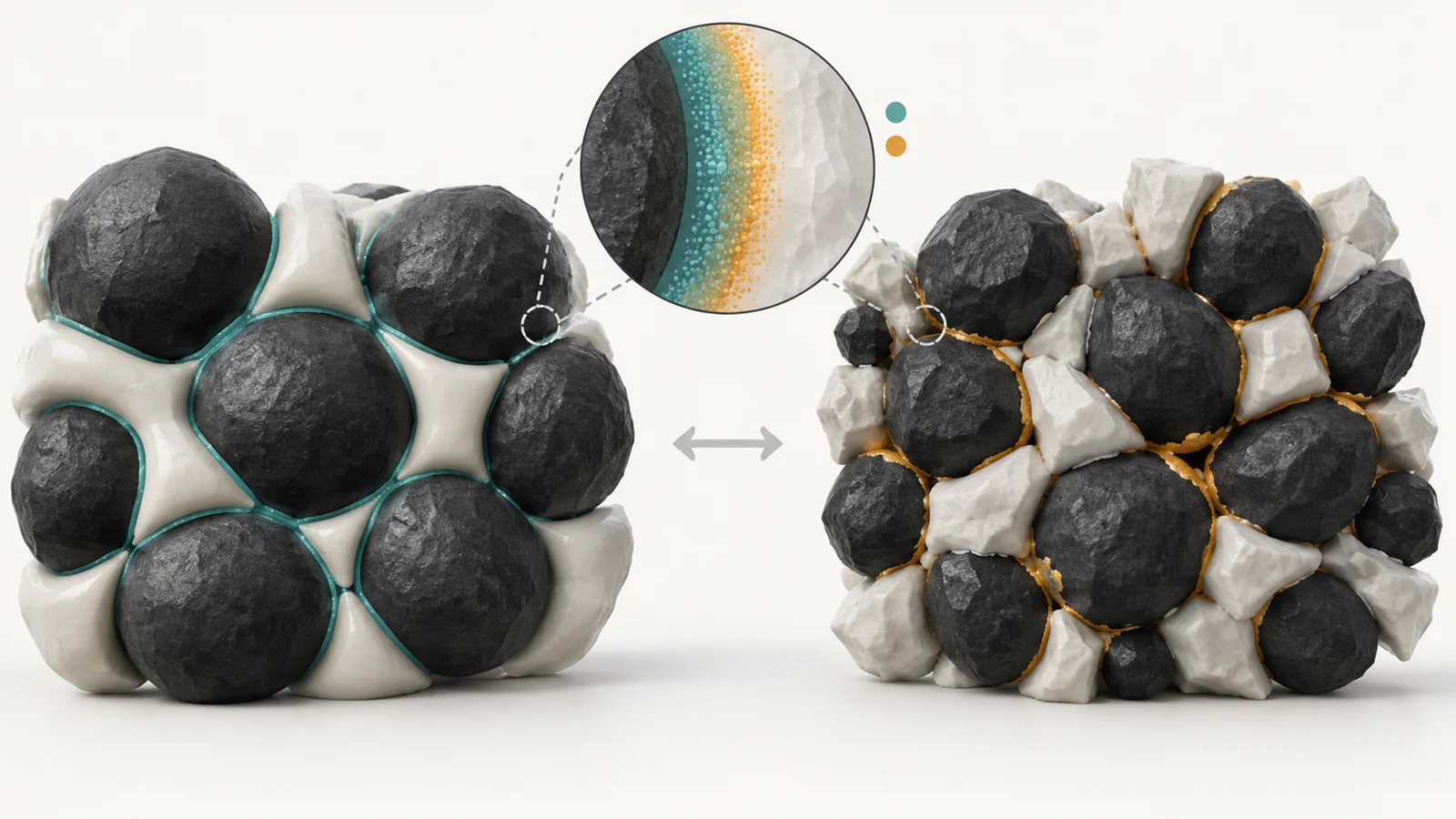 Conceptual cross-section of graphite particles with contrasting solid-electrolyte distributions and a separate interphase showing different lithium and fluorine patterns.
