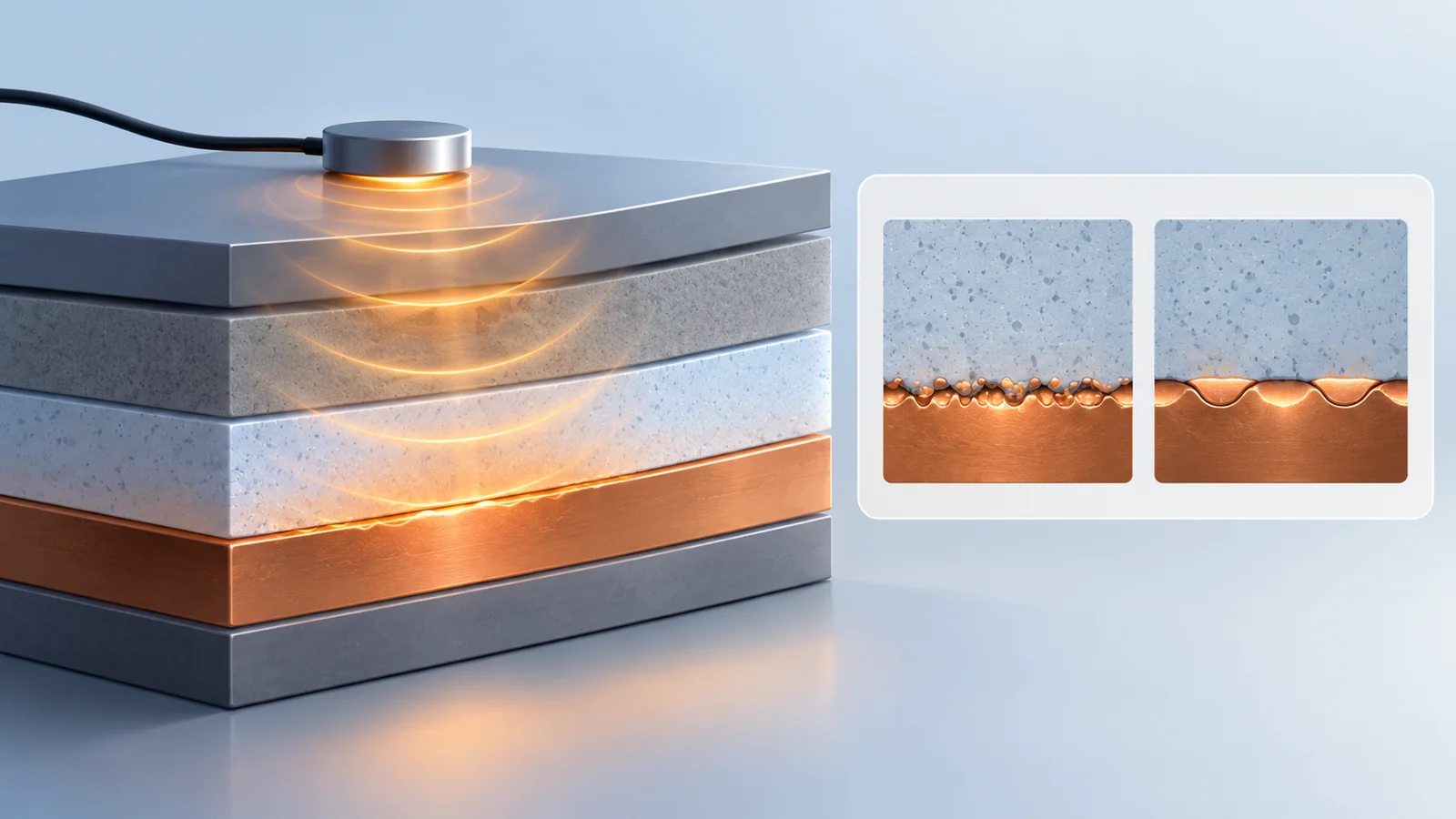 Cell cutaway with an external thermal sensor and a conceptual inset comparing many small lithium–electrolyte contacts with fewer larger contacts.