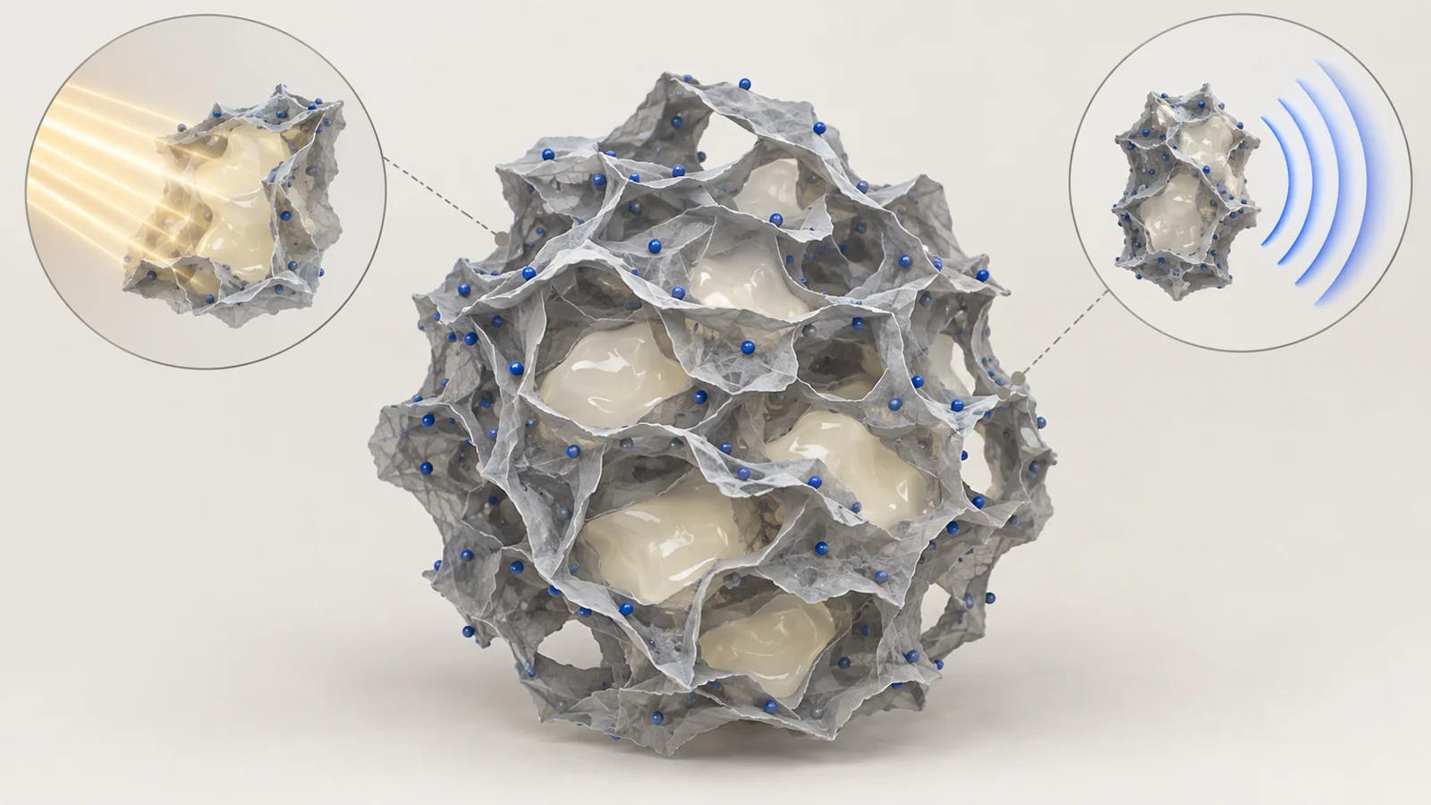 A hollow framework hosts wax for heat storage and microwave absorption