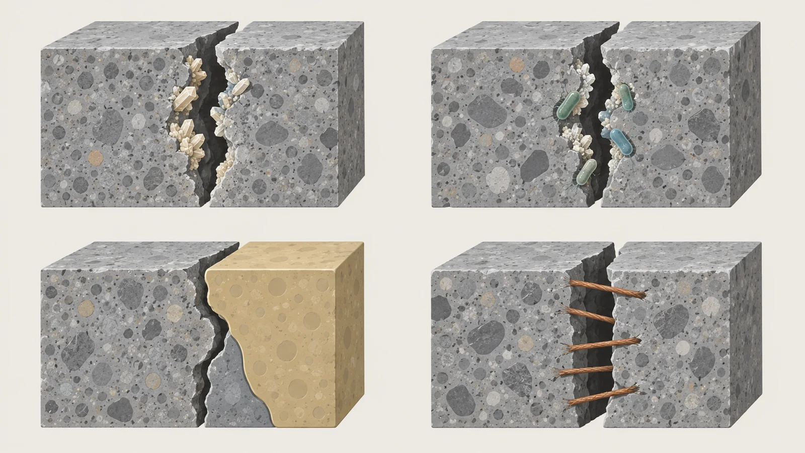 Inside a concrete crack, repair takes different forms