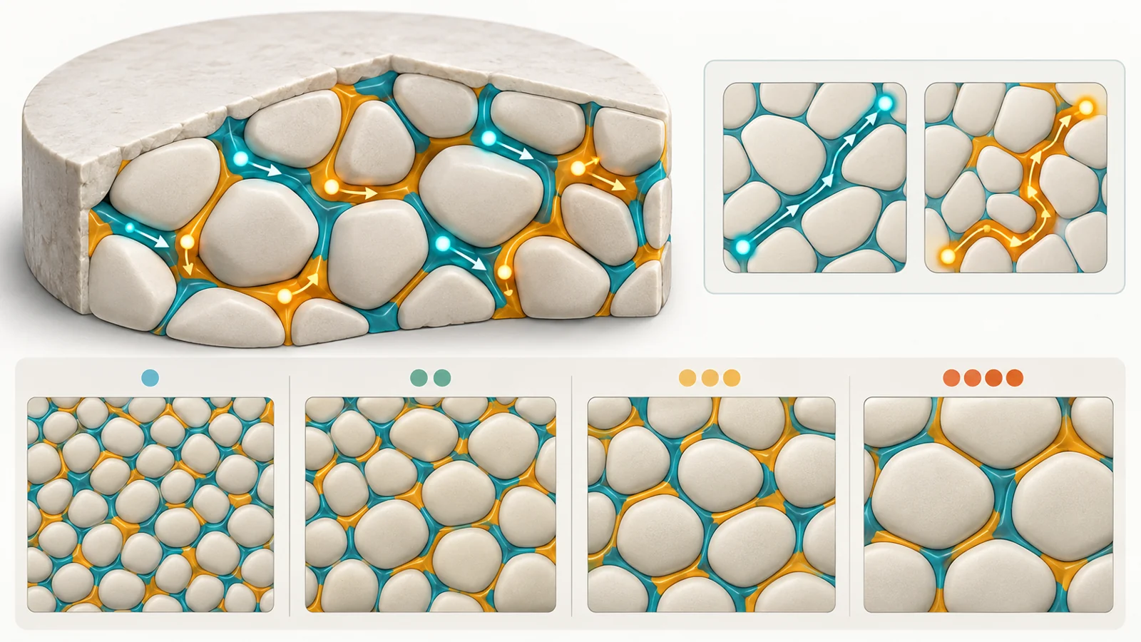Conceptual LAGP ceramic pellet showing grains, inter-grain phases, tortuous ion pathways, and four sintering preparations