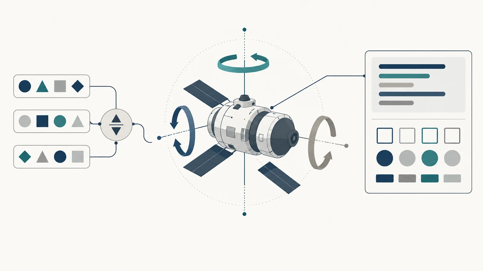 Spacecraft with rotation arrows around three axes beside separate explanation and command panels, with an inset comparing candidate sequences.