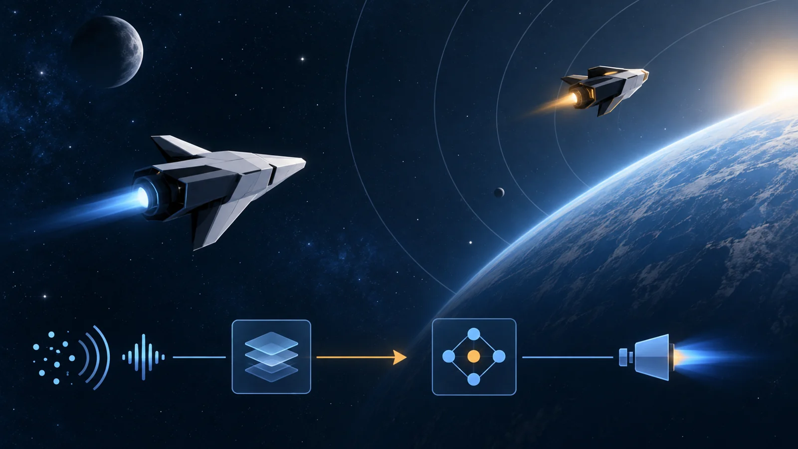 Two illustrated spacecraft with a conceptual flow linking telemetry, a software-computed motion cue, an AI decision module, and a thrust command.