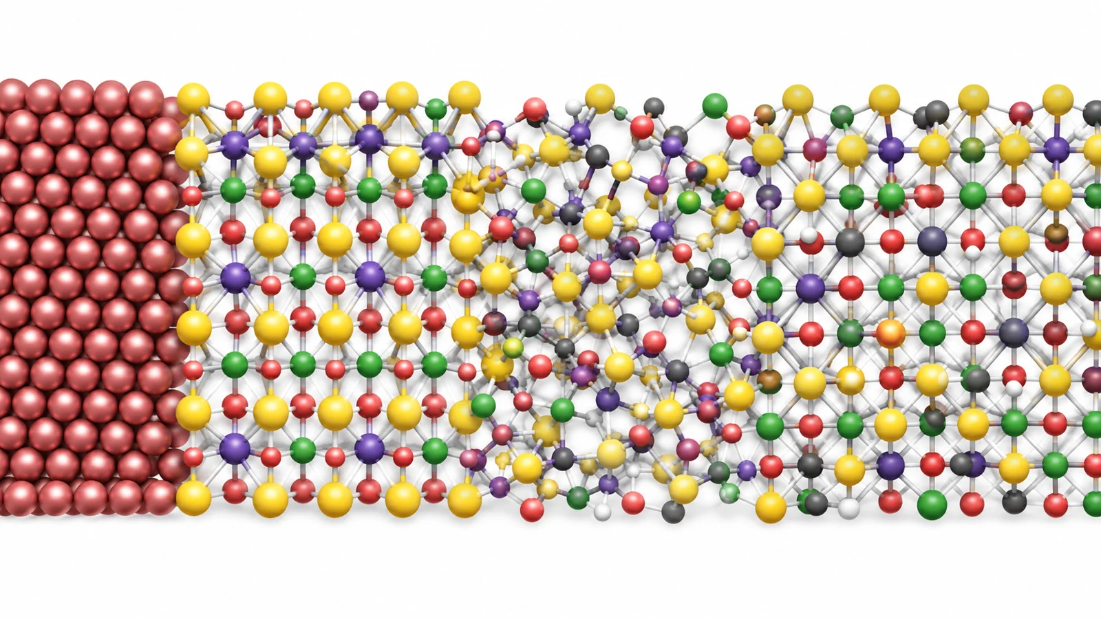 Schematic showing lithium metal beside a solid electrolyte, a disordered reaction region, and a mixed crystalline interphase