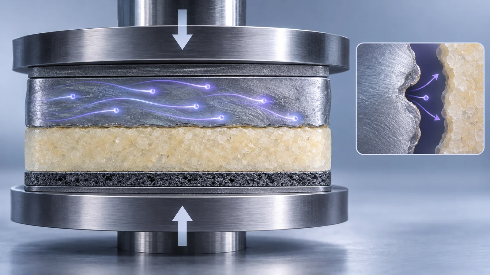 Schematic of a lithium-rich alloy touching a sulfide electrolyte, lithium paths within the alloy, and a comparison showing a gap beside lithium metal.