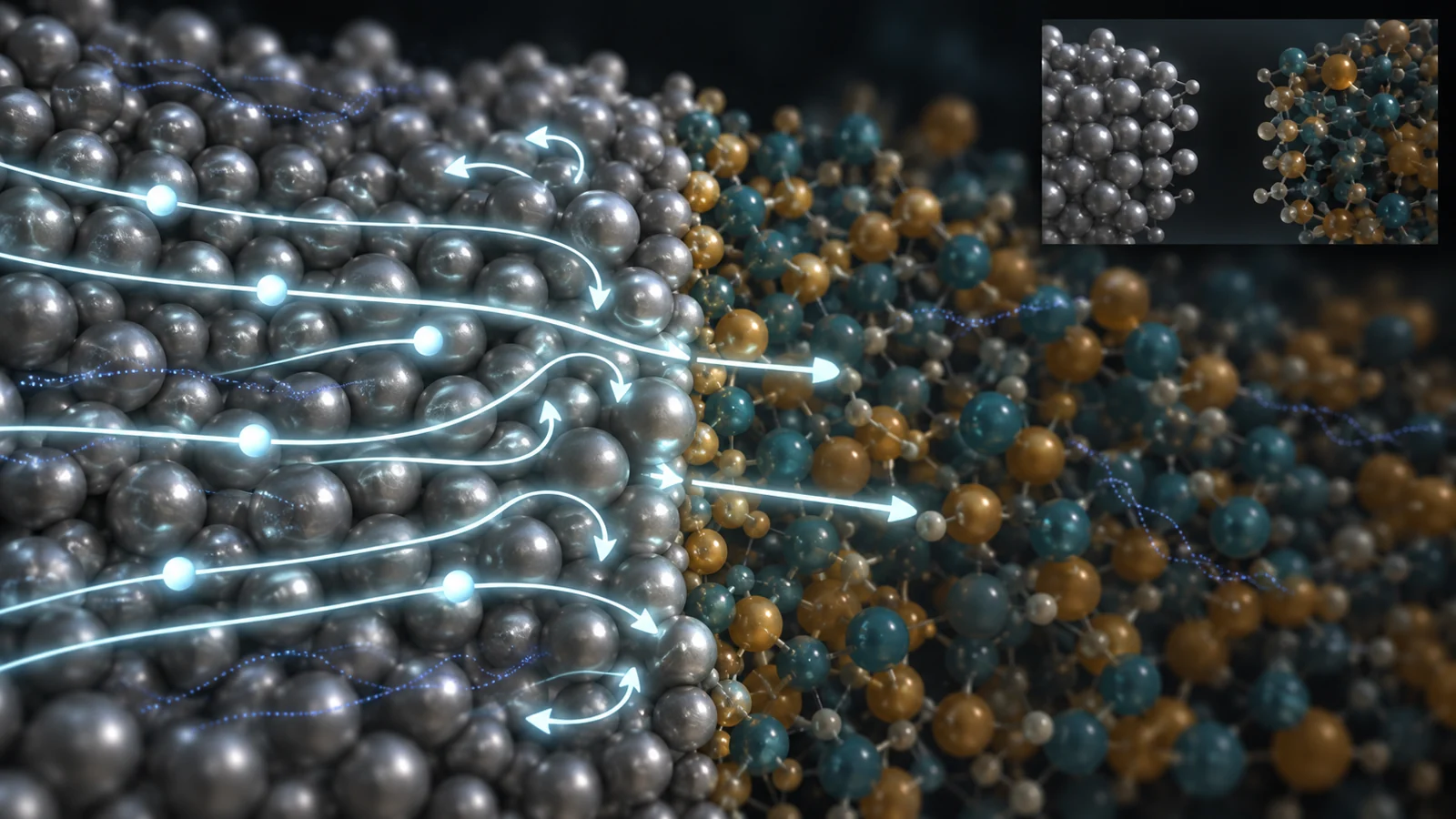 Conceptual cutaway of lithium metal meeting a solid decomposition product, showing limited lithium-ion crossings and a separate possible contact-loss gap.