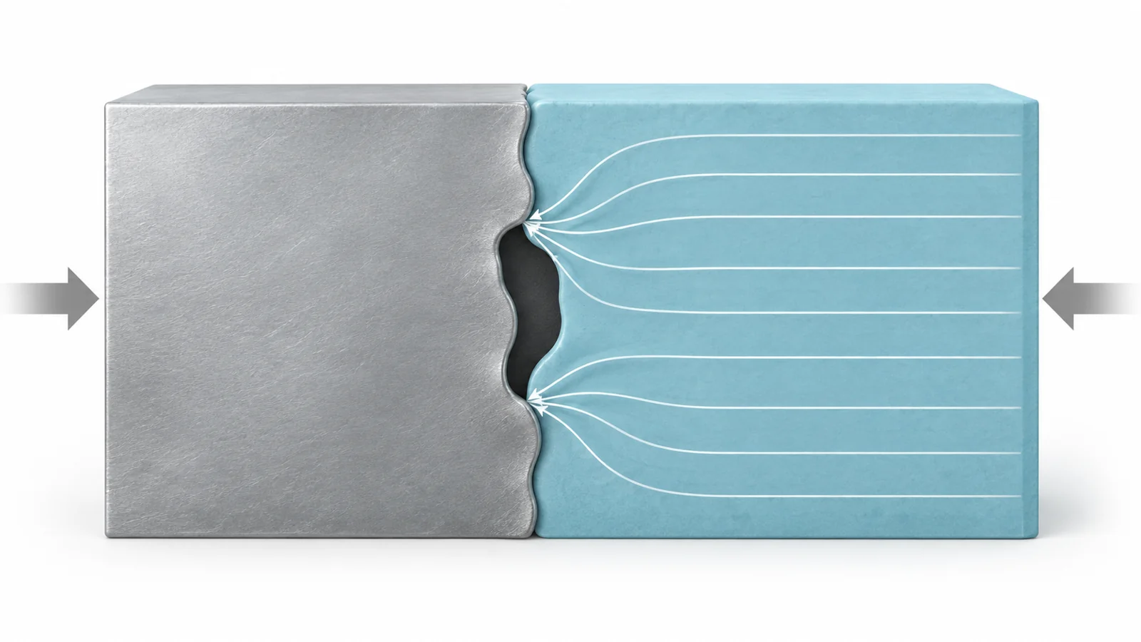 Schematic of a lithium metal and solid electrolyte interface with a visible gap and current paths concentrated around the remaining contact.