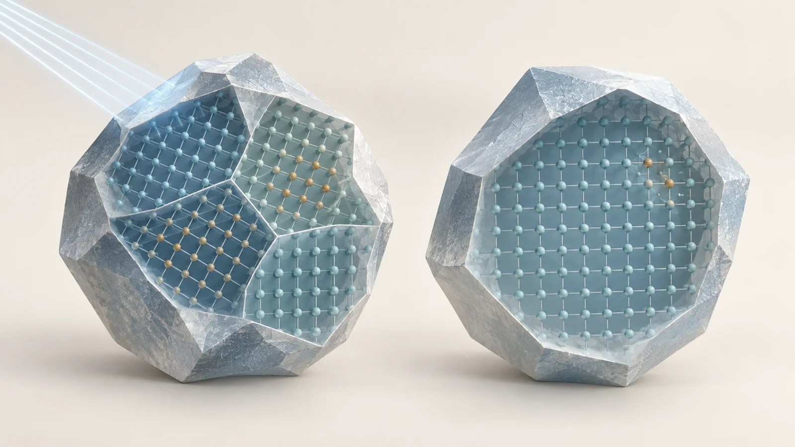 Conceptual illustration comparing varied domains in a mixed-phase LLZO grain with a larger, more uniform region and localized variation in a cubic grain.