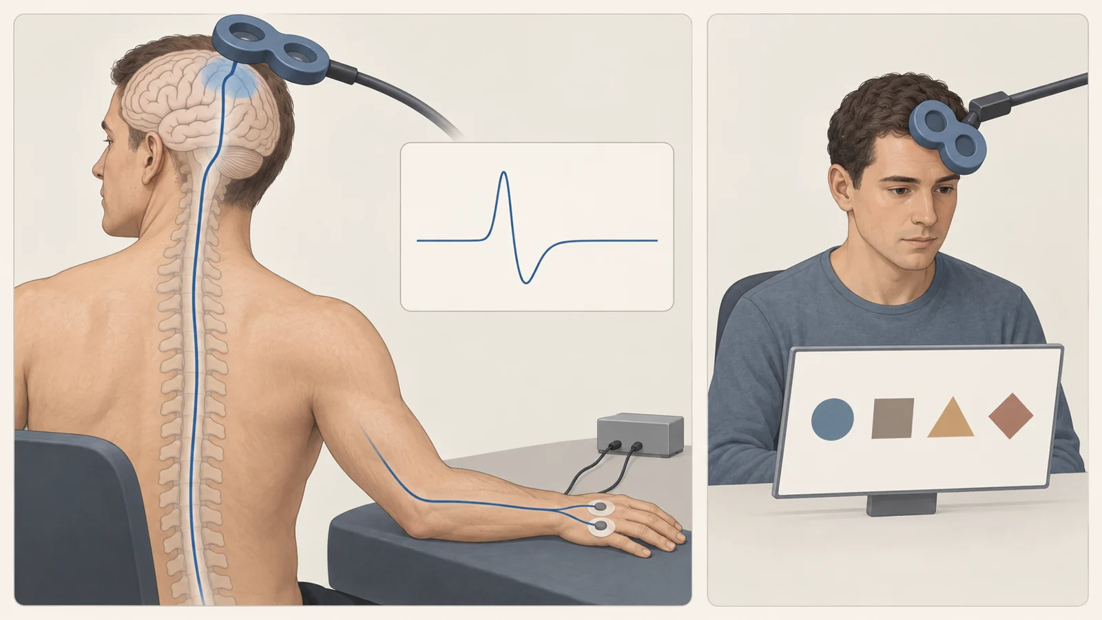 A coil over the motor cortex connects schematically to a hand muscle recording; a separate panel shows frontal stimulation beside a memory task.