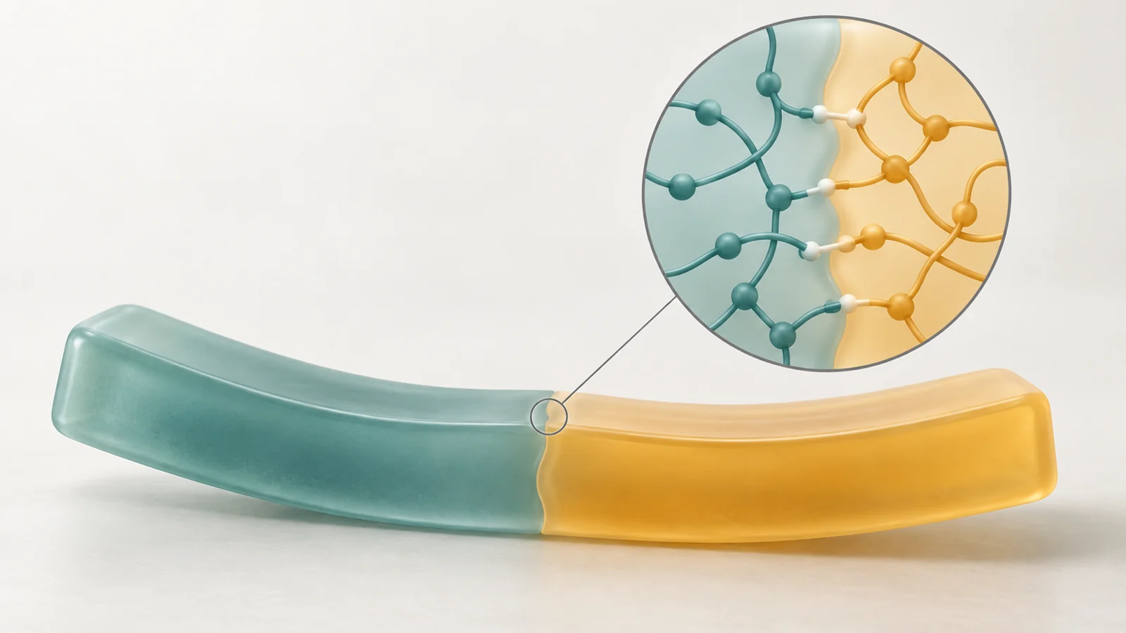 Conceptual illustration of teal and amber polymer sections joined at an interface, with an inset of reversible network connections.