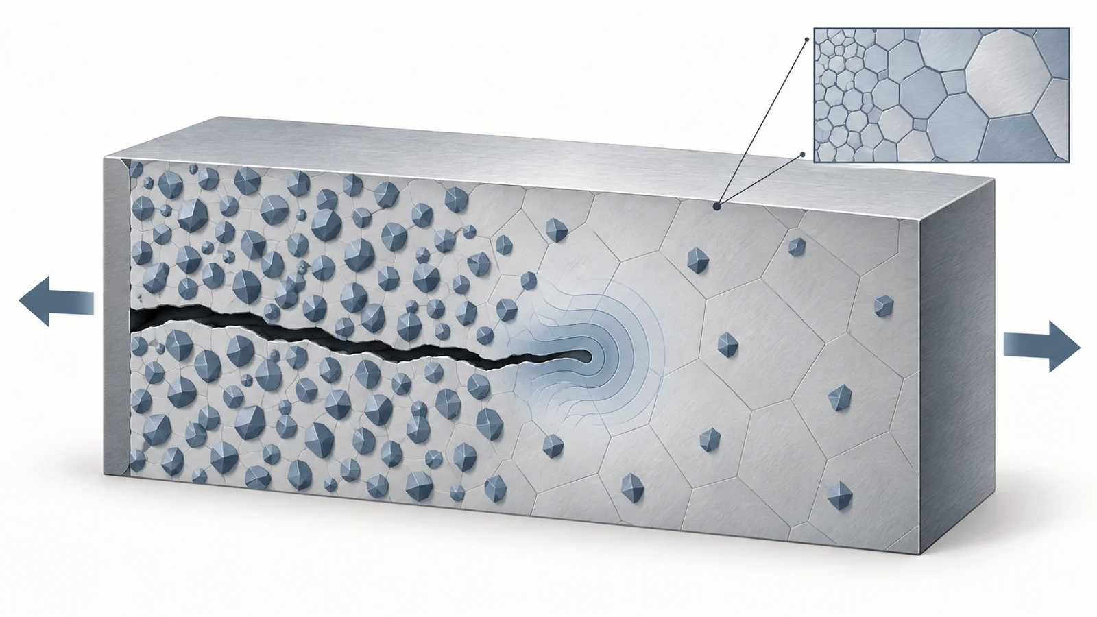 How reinforced metal’s inner structure shapes a growing crack