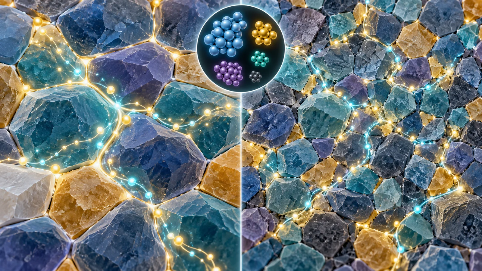 Conceptual perovskite ceramic microstructure showing lithium-ion paths through crystal grains and their internal boundaries, with composition and cooling differences indicated schematically.