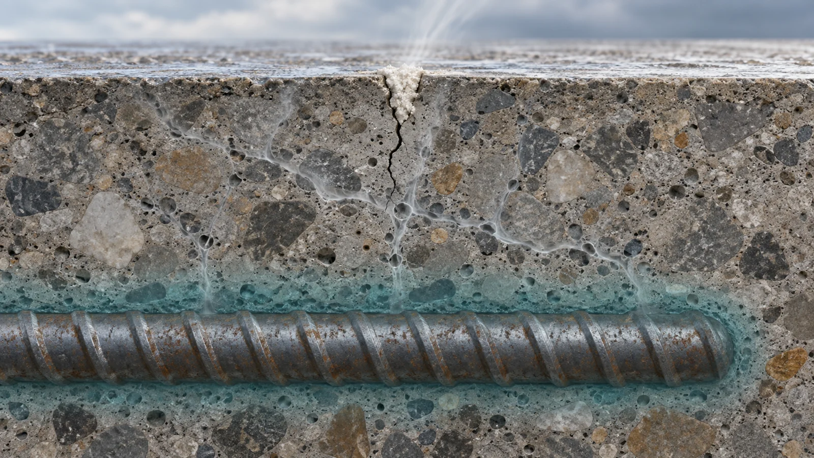 A mineral can seal concrete cracks while carbonation puts steel at risk