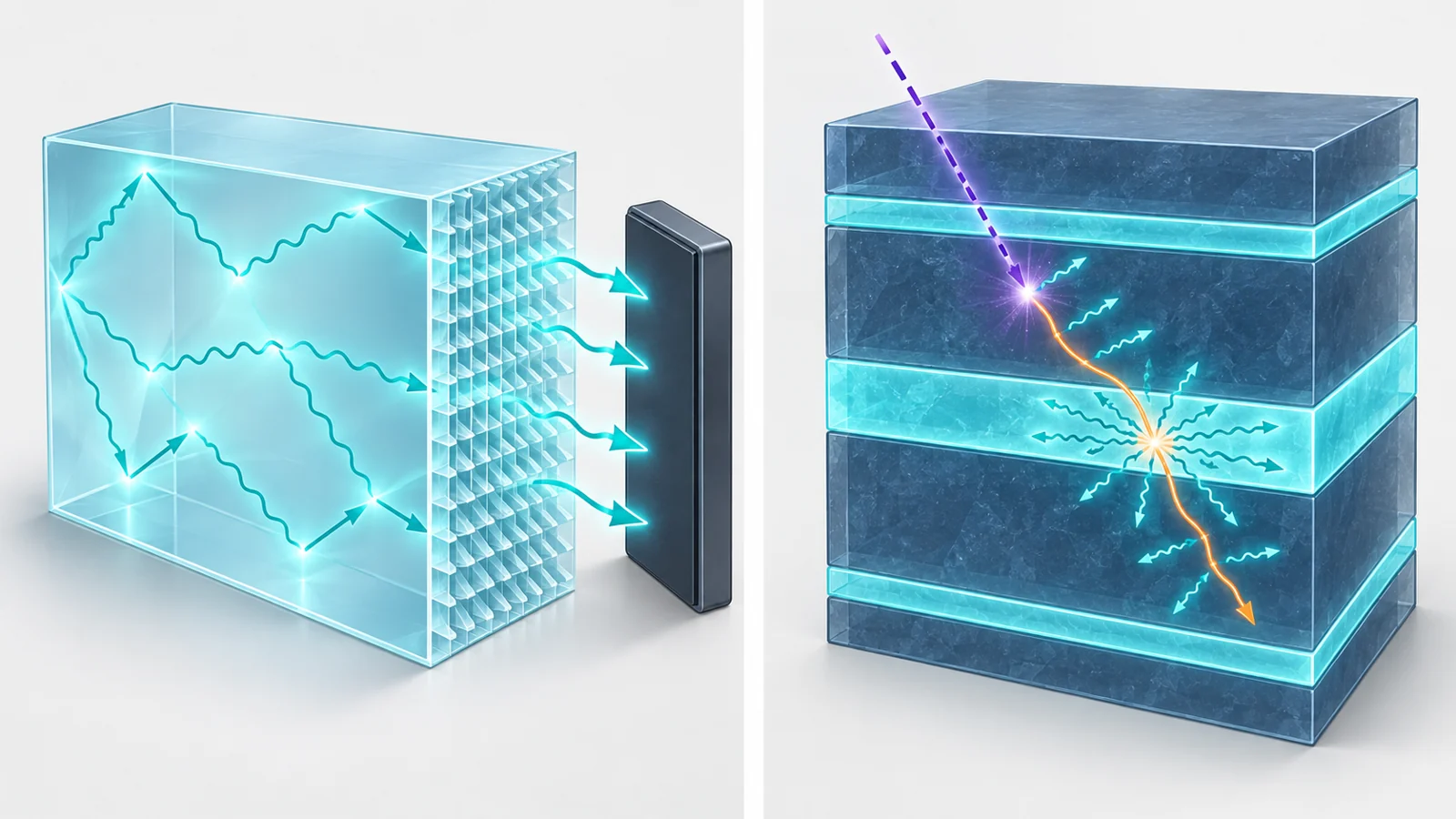 How surface patterns and internal layers shape a radiation detector’s light pulse