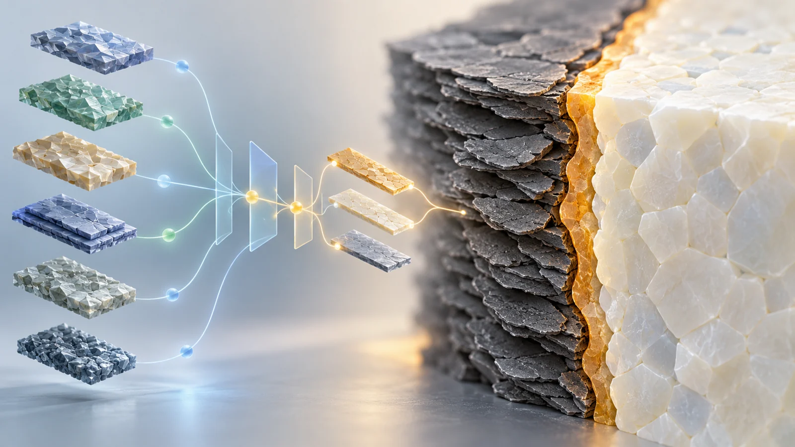 Cutaway of an electrode, thin coating and solid electrolyte with separate crystal slabs entering a screening graphic