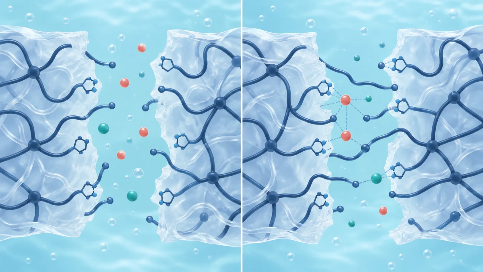 Conceptual views of fractured polymer chains and partial reconnections, with small ion symbols near attachment sites in the surrounding water.