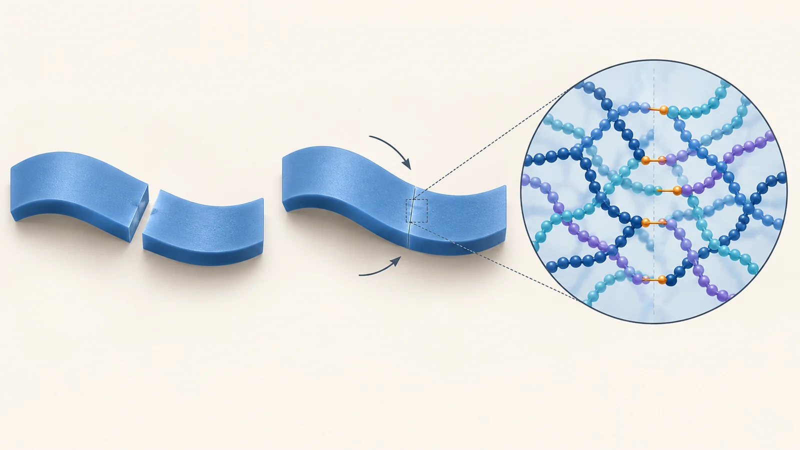 Mechanism schematic of a cut polymer strip bringing its faces together, with a magnified view of chains reconnecting across the interface.