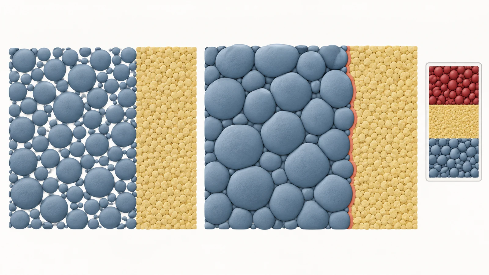 Paired cross-sections show silicon particles enlarging, pore space shrinking and the anode thickening beside a sulfide electrolyte, with a small full-cell inset.