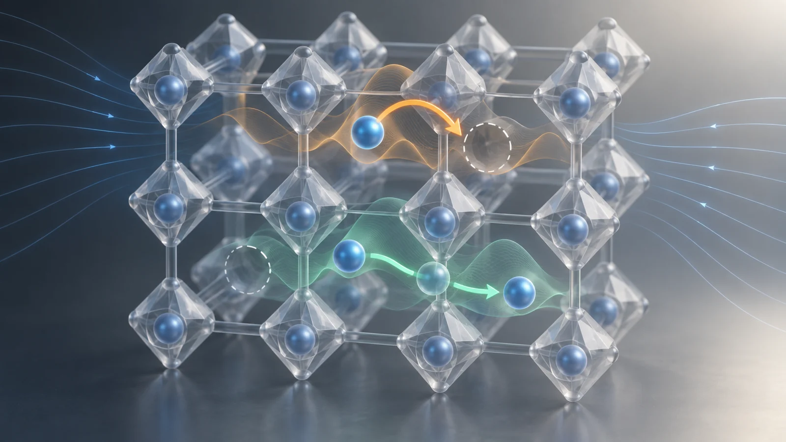 Conceptual solid-electrolyte lattice showing lithium hopping into a neighboring vacancy and another lithium ion moving through an interstitial position.