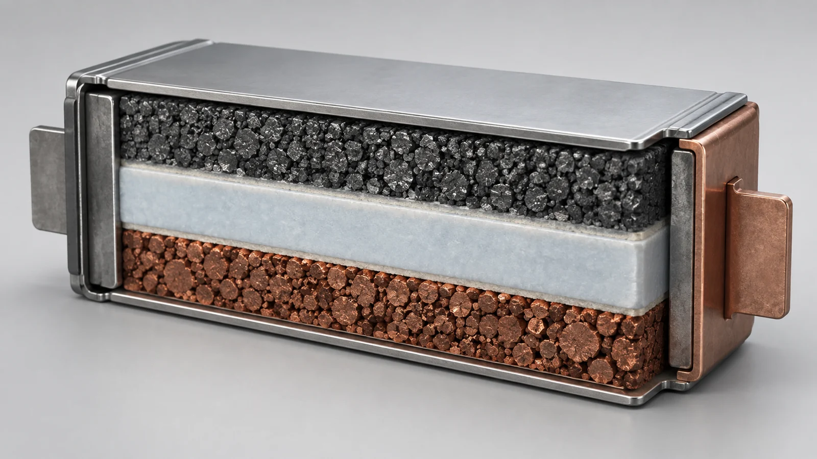 Conceptual battery cross-section with a solid electrolyte layer between two electrodes.