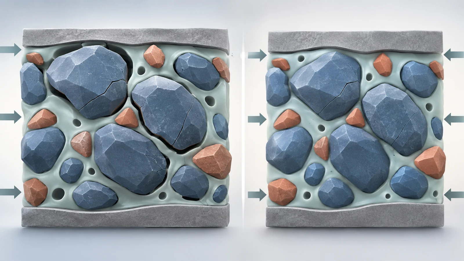 Conceptual cutaway of active particles expanding inside a solid electrolyte with interface gaps and pores