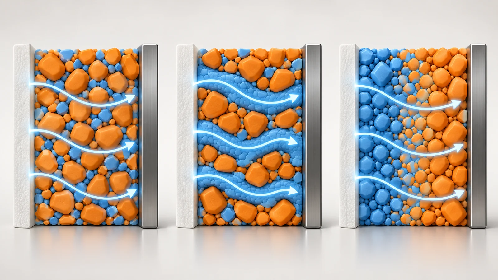 Schematic comparison of uniform, channeled and two-layer solid-state battery cathodes