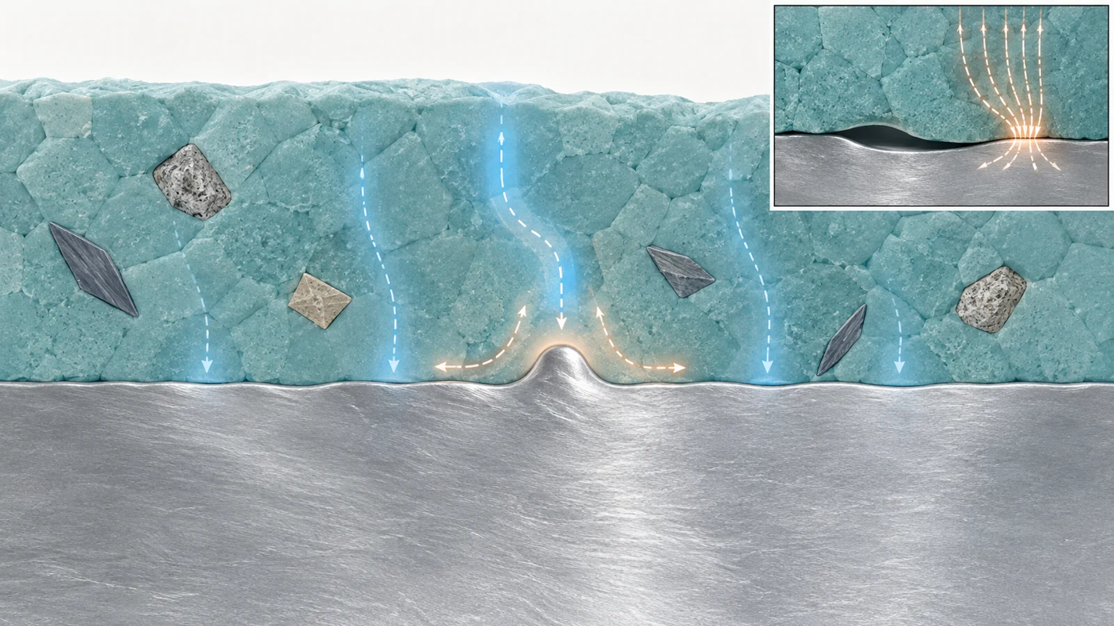 Conceptual solid-state battery interface with uneven lithium growth and a diffusing corrective signal between material inclusions.