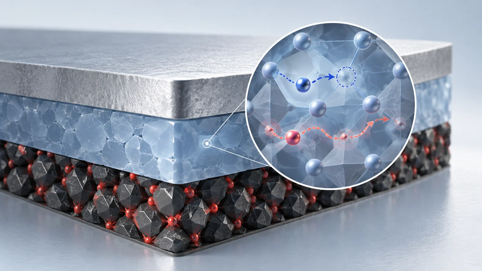 Conceptual cutaway of a lithium-metal, LiPON and lithium-cobalt-oxide thin-film battery showing vacancy hopping and interstitial motion in the solid electrolyte.