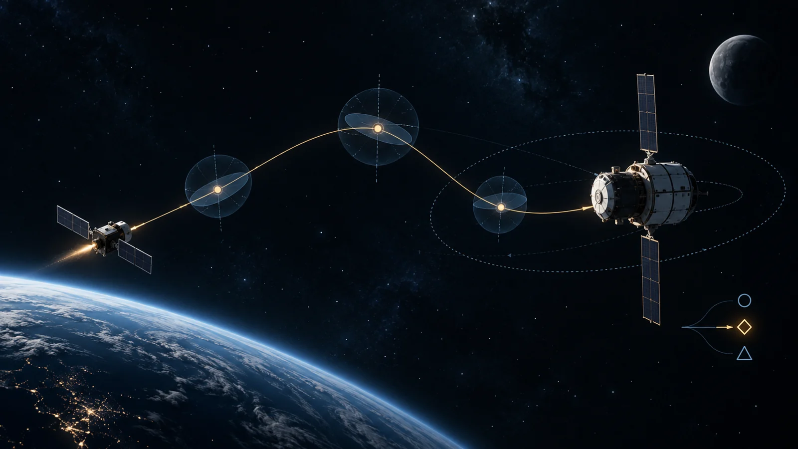 Two spacecraft beside a schematic curved path with three waypoints and small symbols for priorities, maneuver selection and geometric constraints.