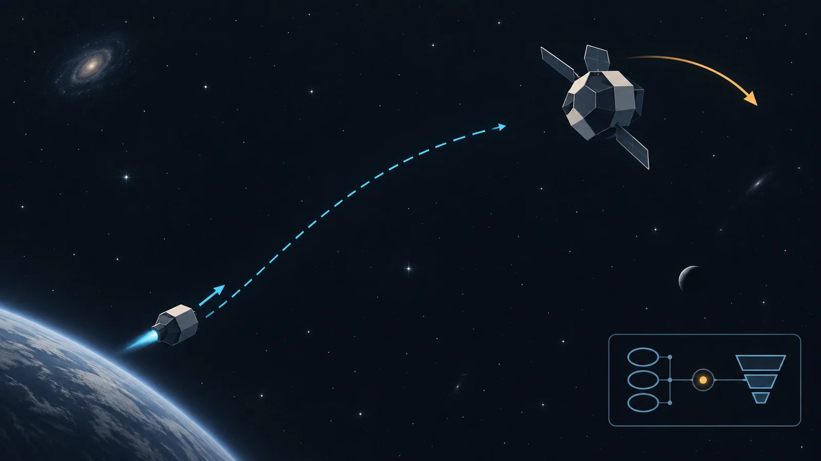 Conceptual schematic of a chaser approaching a maneuvering target, with separate motion paths, a short thrust arrow and a tuner-to-filter inset.