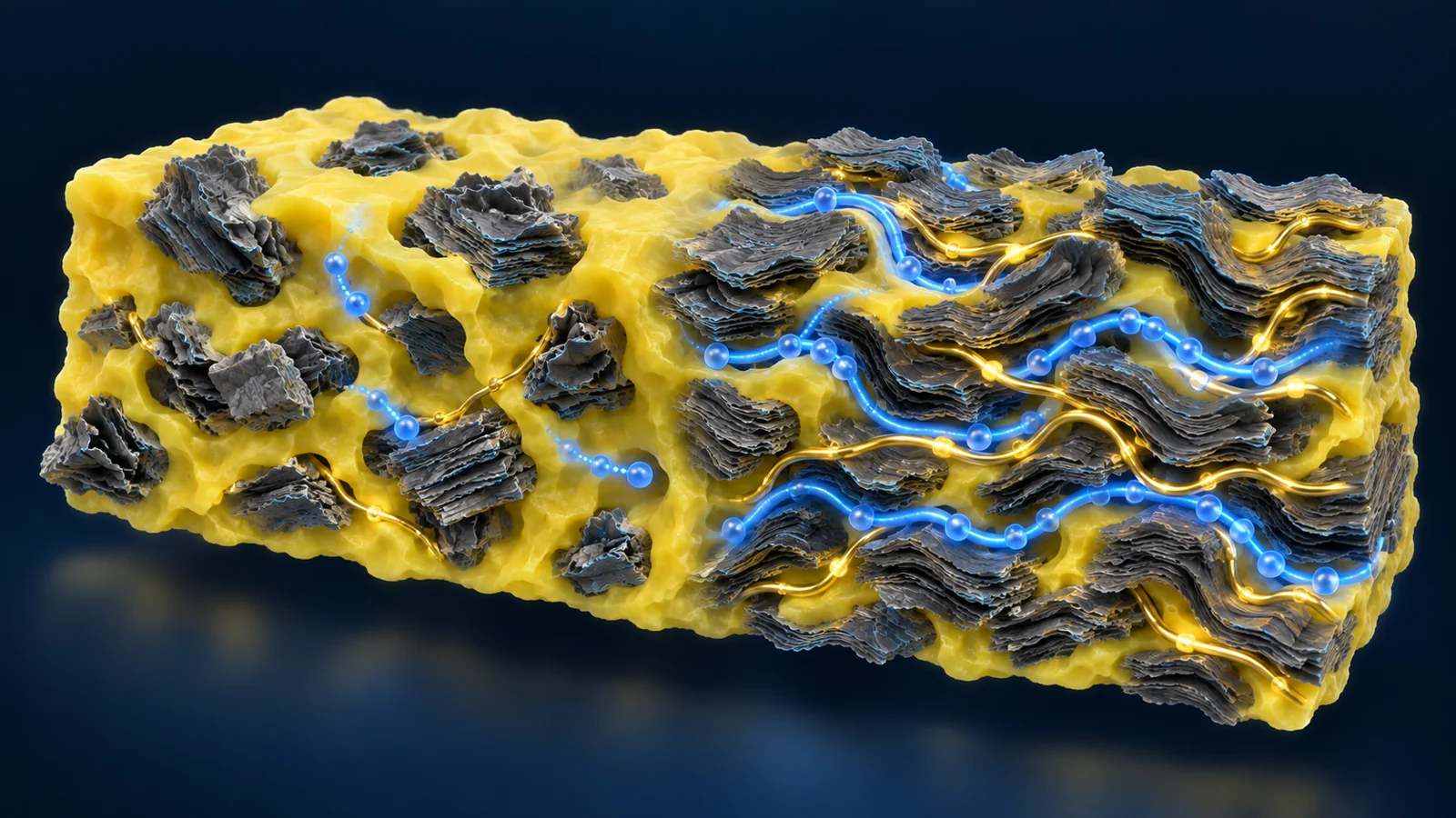 Conceptual sulfur cathode showing isolated and interconnected molybdenum disulfide particles with separate ion and electron pathways