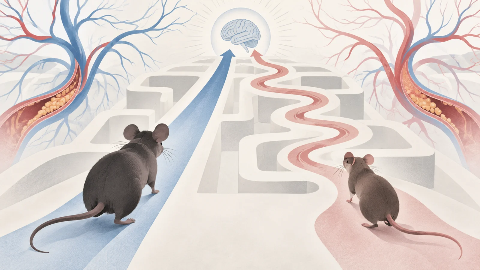 Male and female mouse silhouettes beside contrasting memory-maze paths with subtle vascular motifs