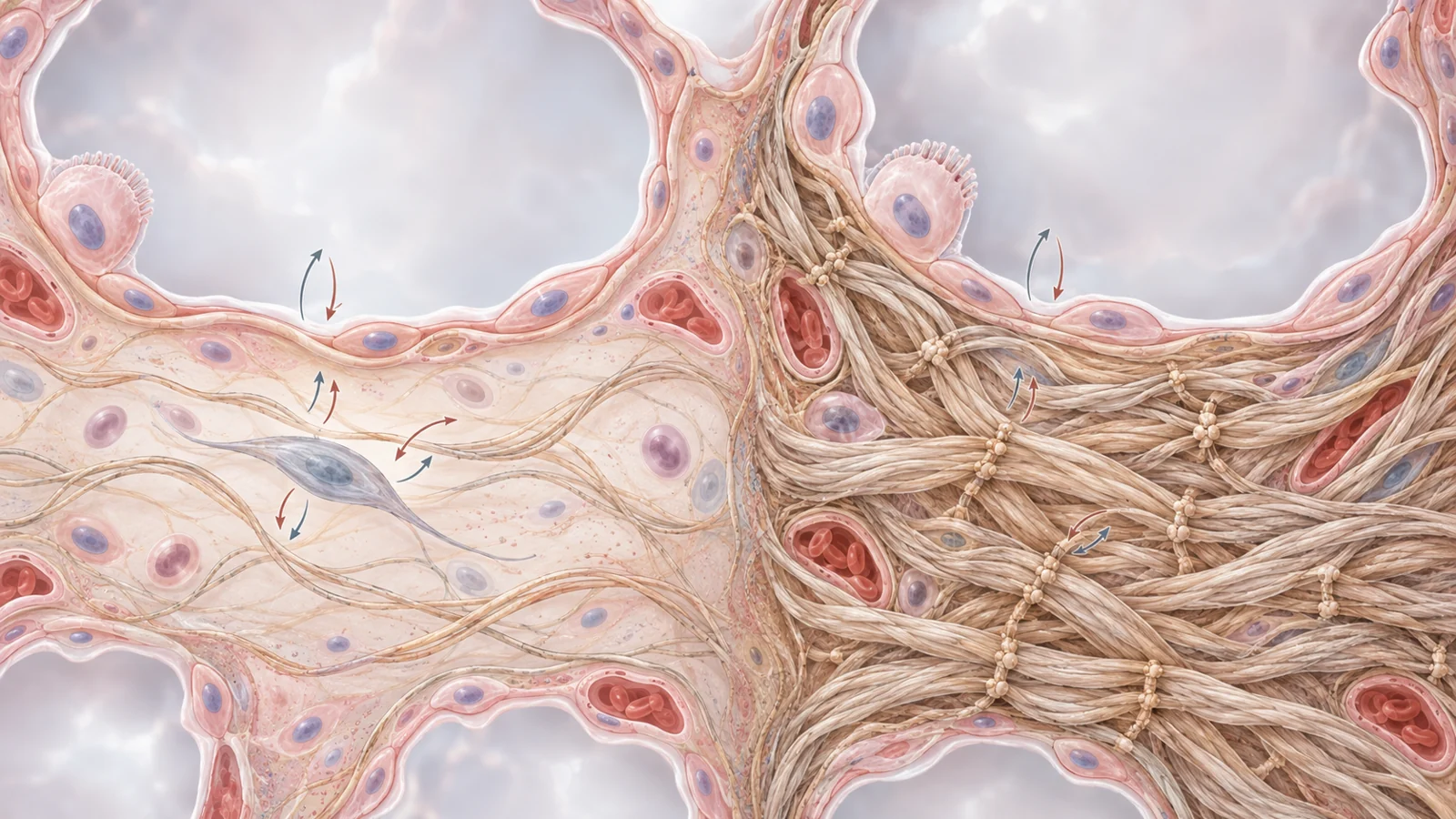 Conceptual cutaway of lung tissue with a fibroblast among open and densely cross-linked collagen fibers