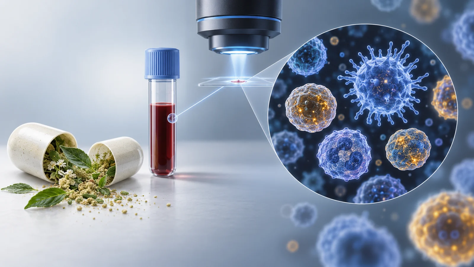 Conceptual capsule and blood sample connected to immune cells shown with different fluorescence marker levels