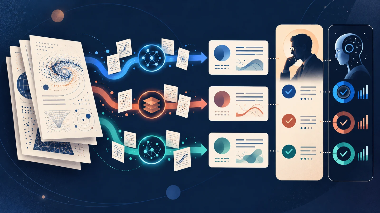Five cosmology papers lead to three AI answer paths, with human expert and AI judge scores shown beside the answers.