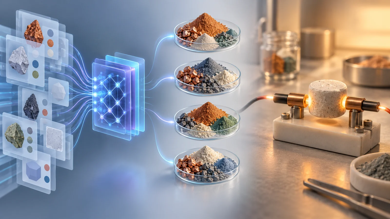 Conceptual model linking crystal-structure data to a copper-doped ceramic pellet undergoing conductivity testing