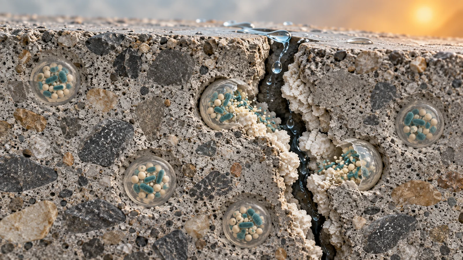 Cutaway mortar with alginate capsules and calcium carbonate partly filling a narrow crack