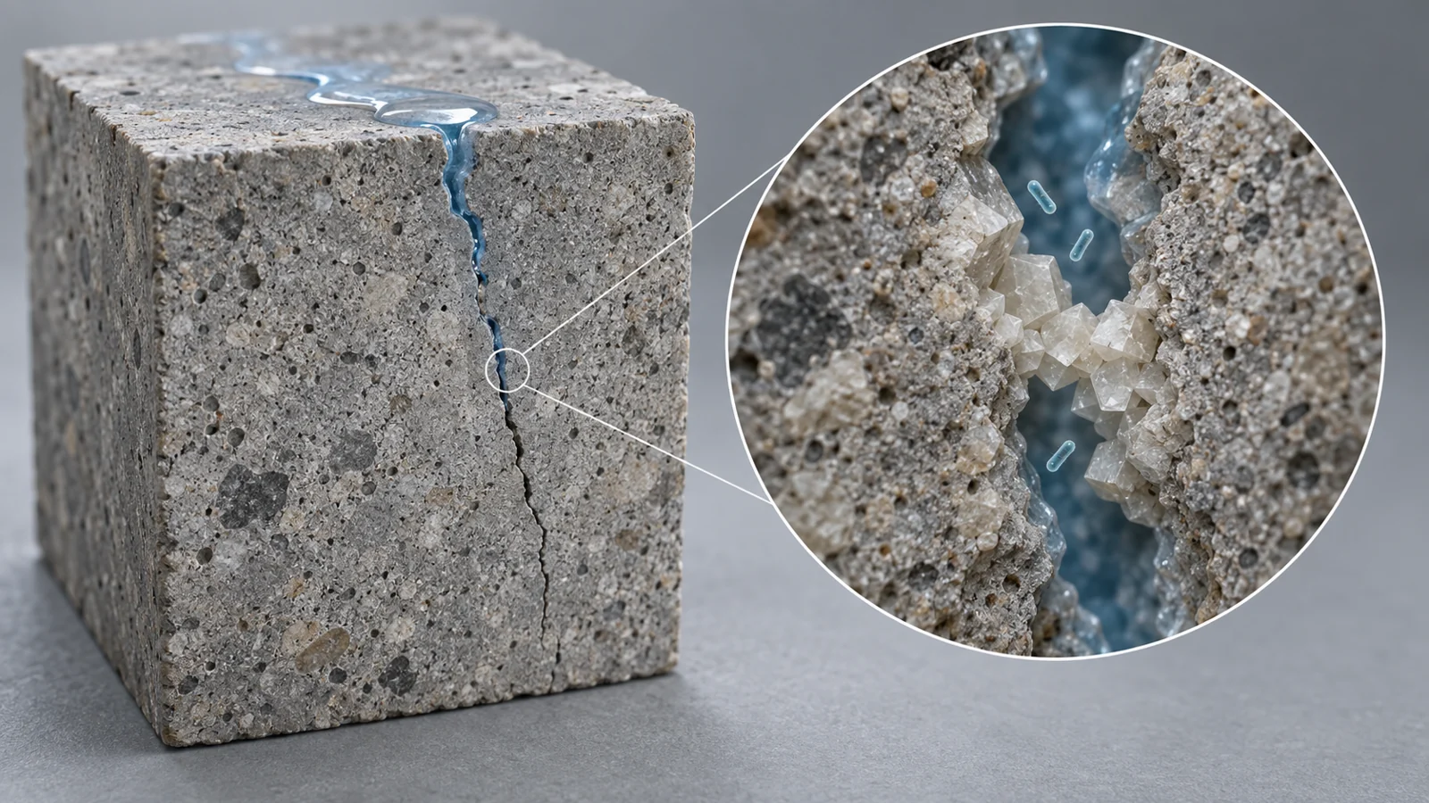 Cutaway mortar cube with water entering a narrow crack and calcite crystals bridging the opposing faces in a magnified inset
