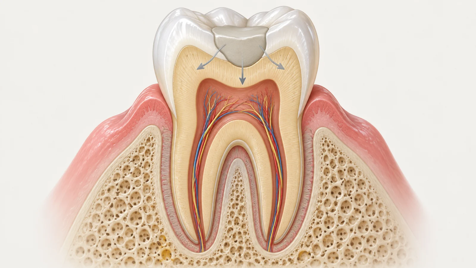 Cross-section of a tooth with a filling and subtle arrows toward nearby tissue.