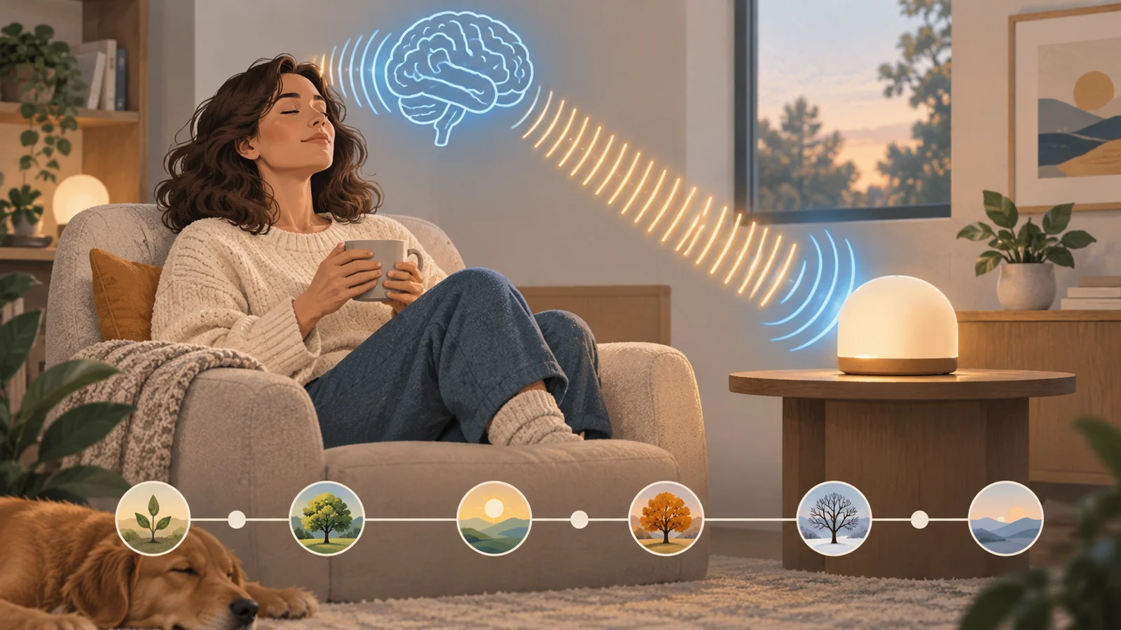 Person using a generic light and sound device beside an abstract brain-wave pattern and six-month study timeline